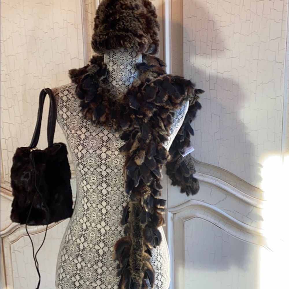 Dyed Coal Multi Rex Rabbit scarf/ hat. Pouch bag